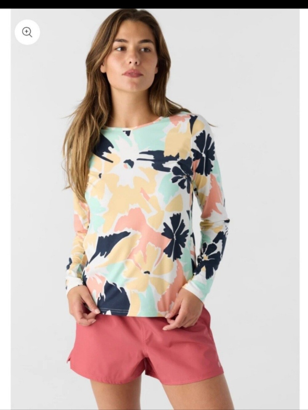 Hang Ten Floral Long-Sleeve Top in Pastel Mint, Peach & Navy